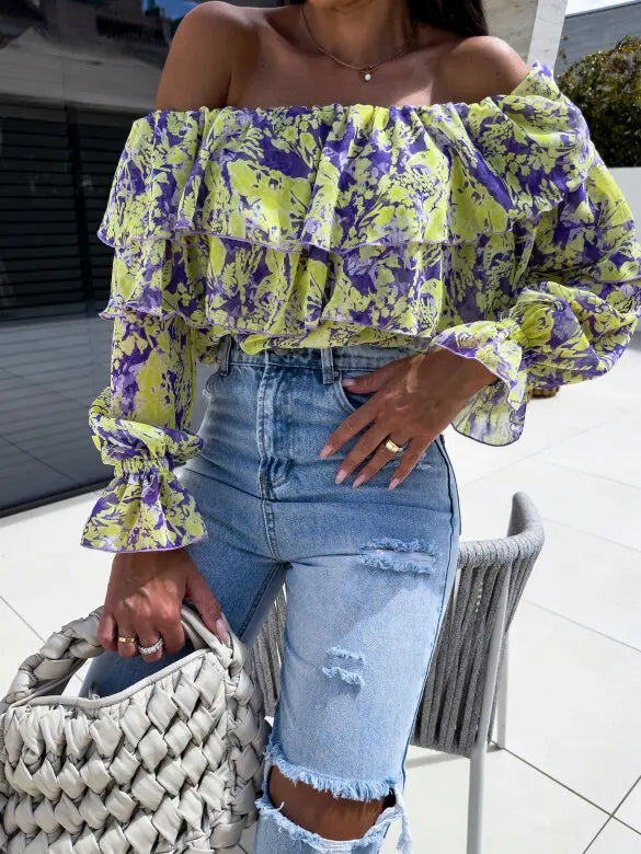 Summer Fashion Off Shoulder Printed Chiffon B LouseWomen Sexy Beach Style Slash Neck Ruffle Chiffon Blouse Women Yellow