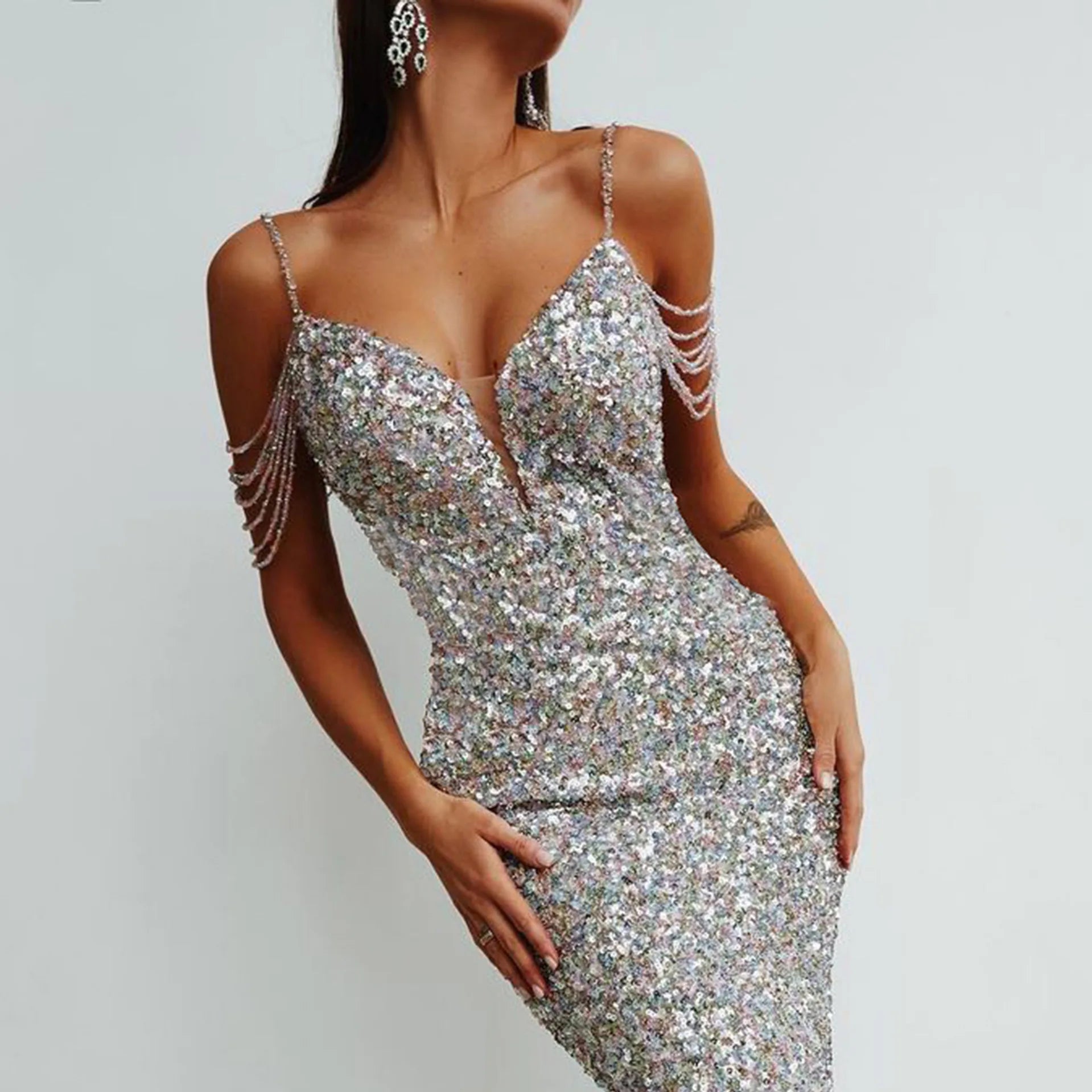 High Qulity Sexy V-Neck Shining Sequins Beading Spaghetti Strap Mini Dress Graceful Woman Evening Dress Birthday Party Outfit