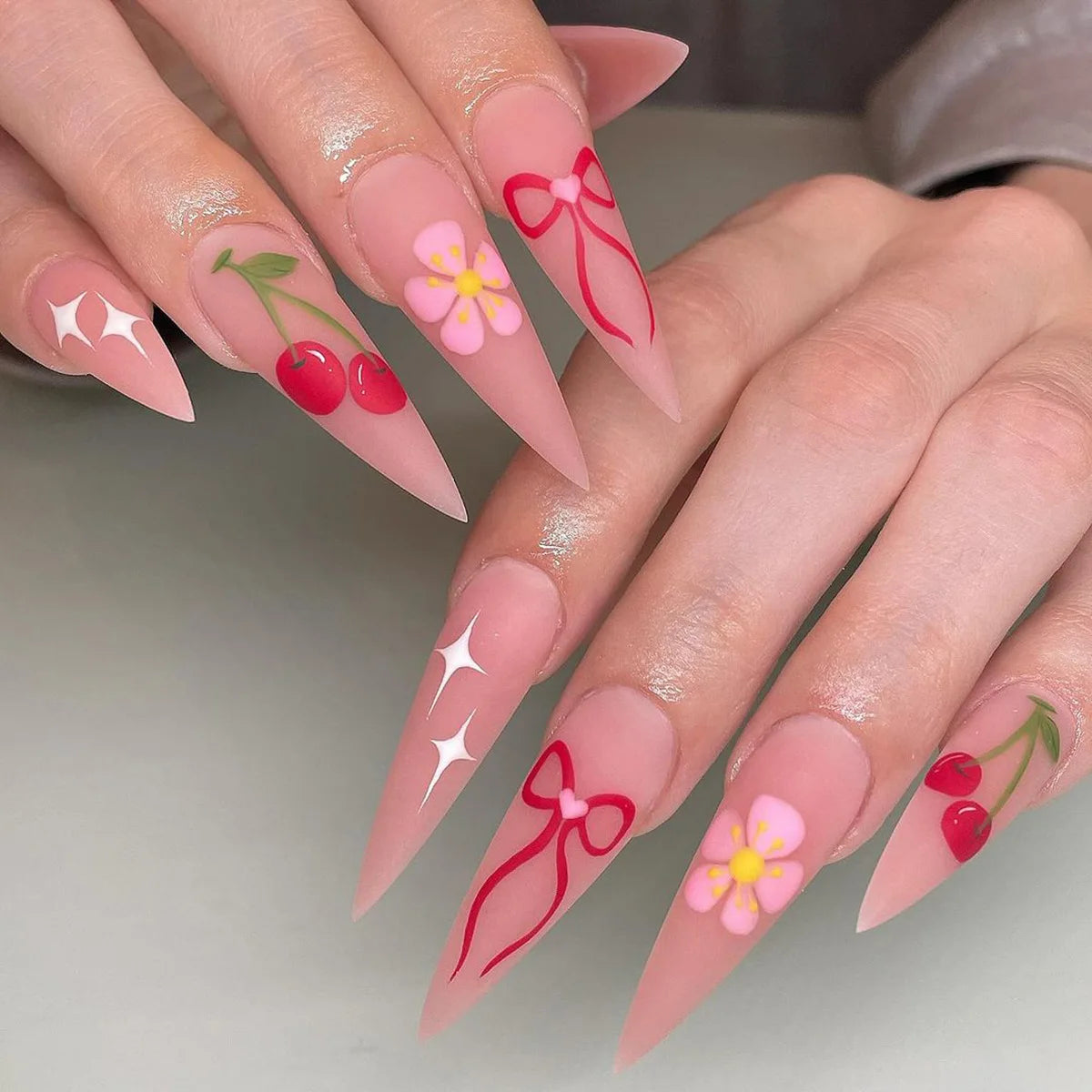 24pcs Pink Frosted Sweet False Nails Colorful Fruit Printed Long Stiletto Press On Nails Full Cover Charming Dopamine Fake Nail Y2