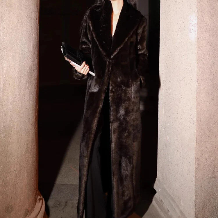 Autumn Winter Extra Long Thick Warm Faux Mink Fur Coat Women Shawl Collar Soft Maxi Elegant Fluffy Furry Overcoat 2023