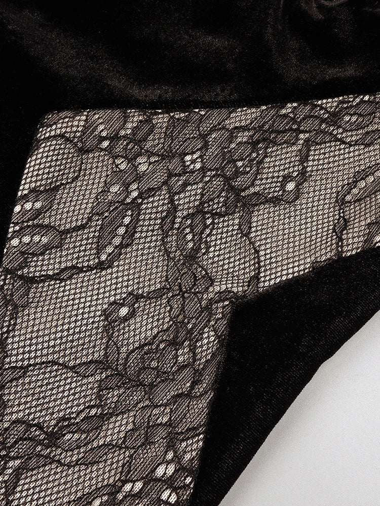 Black Mesh Patchwork Halter Long Dress For Women Long Sleeves Lace Embroidery Mermaid Bodycon Party Evening Gown