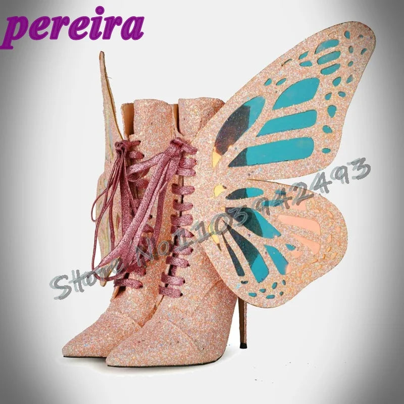 Colorful Butterfly-Wings Boots Laser Pointed Toe Botas Mid-Calf Shoes Side Zippers Zapatos De Mujer Lace Up Thin High Heel Shoe orange