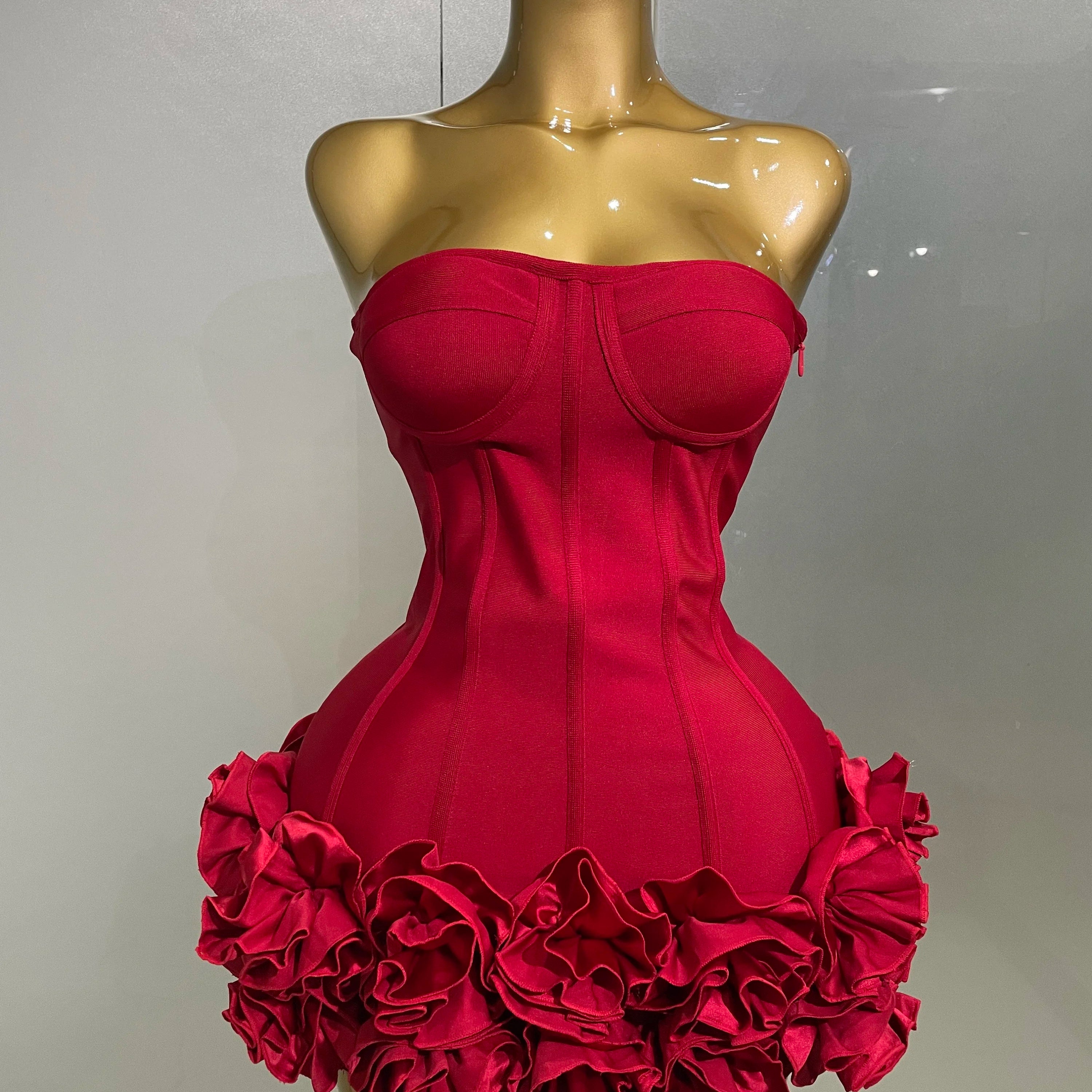 Women Evening Bandage Dress Strapless Bodycon Flowers Mini Celebrity Sexy Birthday Party Dresses Photo Shoot Nightclub Outfit Red