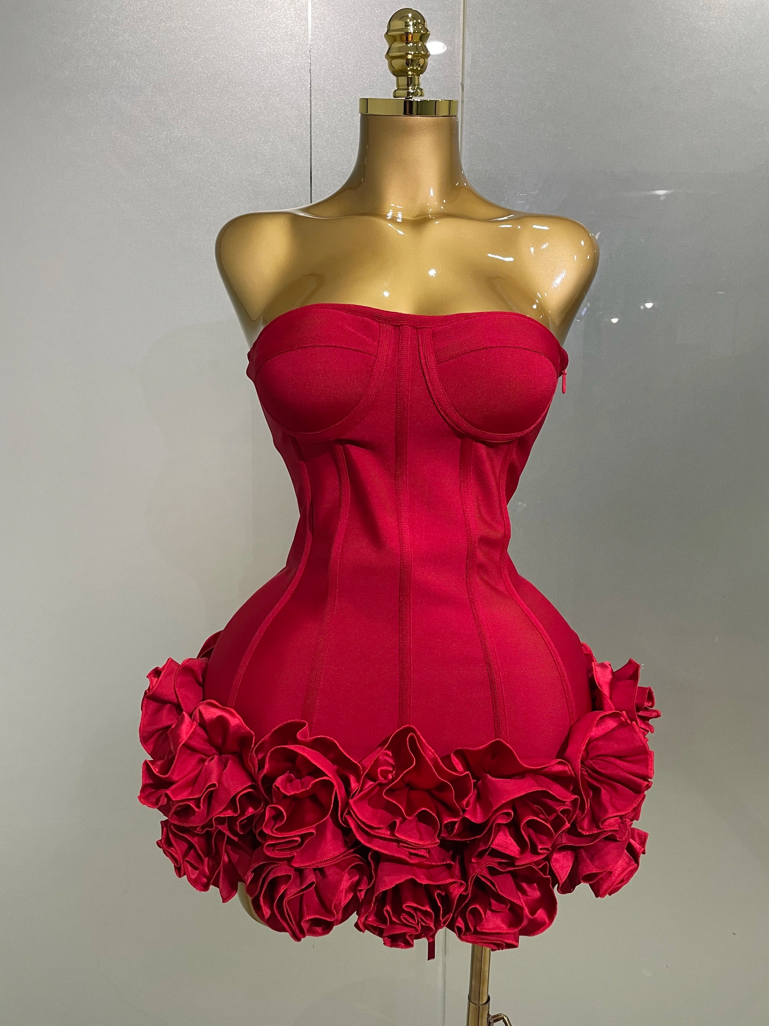 Women Evening Bandage Dress Strapless Bodycon Flowers Mini Celebrity Sexy Birthday Party Dresses Photo Shoot Nightclub Outfit Red