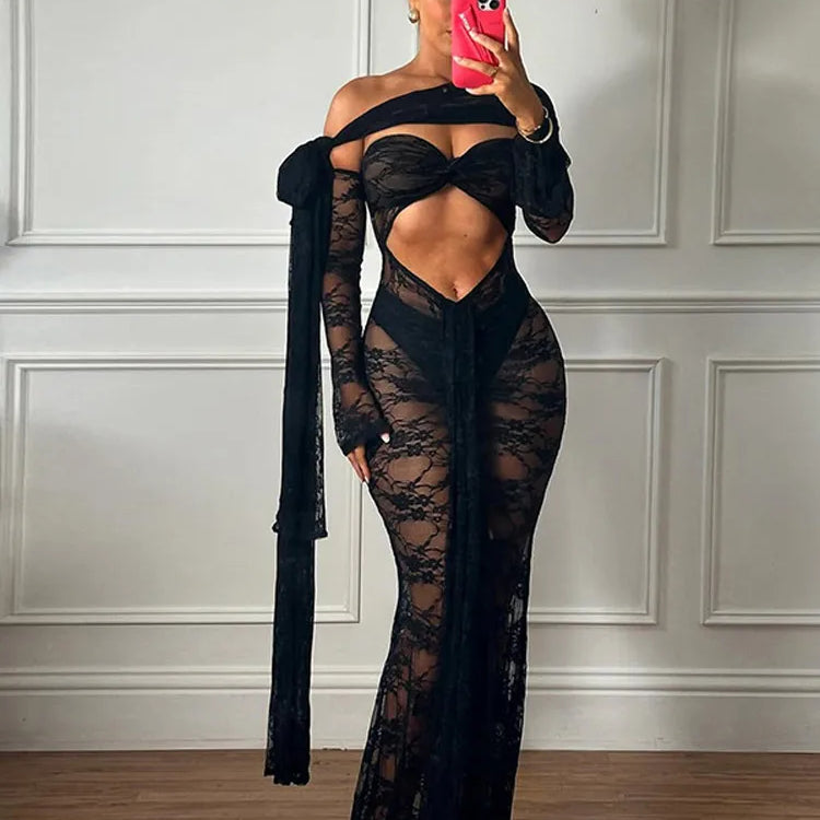 Sexy Lace See Through Black Long Dress Women Cut Out With Scarf Slim Fit Full Sleeve Maxi Dresses New Summer Evening Club Robes Black