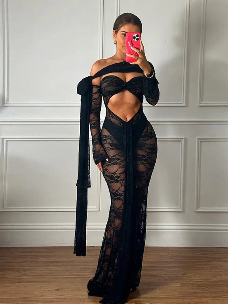 Sexy Lace See Through Black Long Dress Women Cut Out With Scarf Slim Fit Full Sleeve Maxi Dresses New Summer Evening Club Robes Black