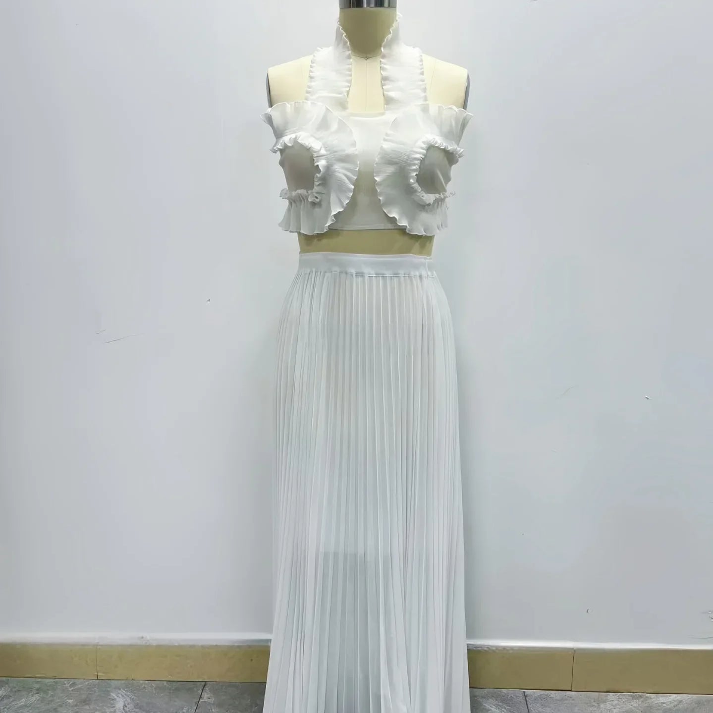 CM.YAYA Streetwear Women's Set Sleeveless Halter Crop Pleated Top+Wide Leg Pants Elegant 2024 Fall Party Two 2-Piece Set Outfits WHITE One Size