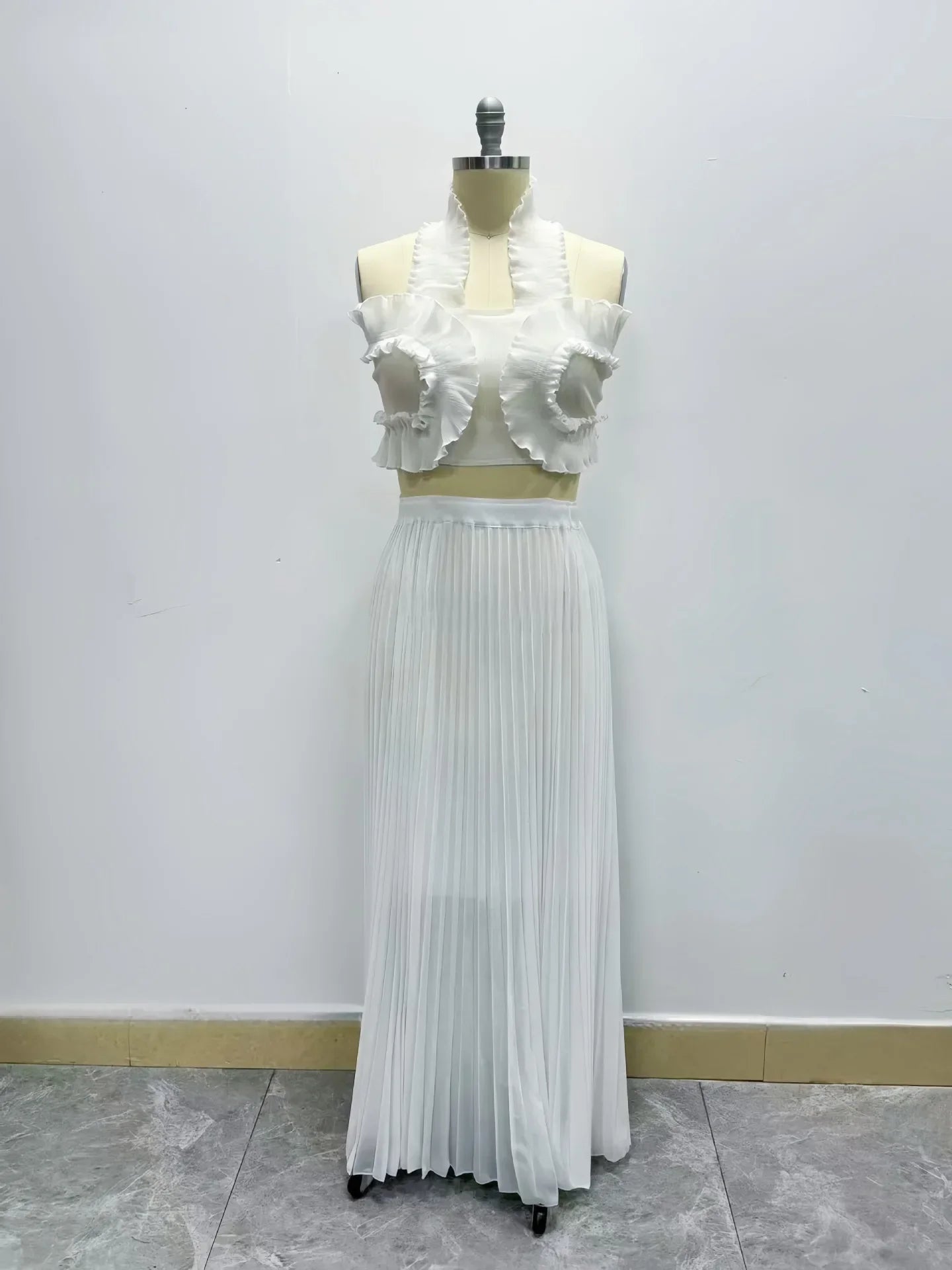 CM.YAYA Streetwear Women's Set Sleeveless Halter Crop Pleated Top+Wide Leg Pants Elegant 2024 Fall Party Two 2-Piece Set Outfits WHITE One Size