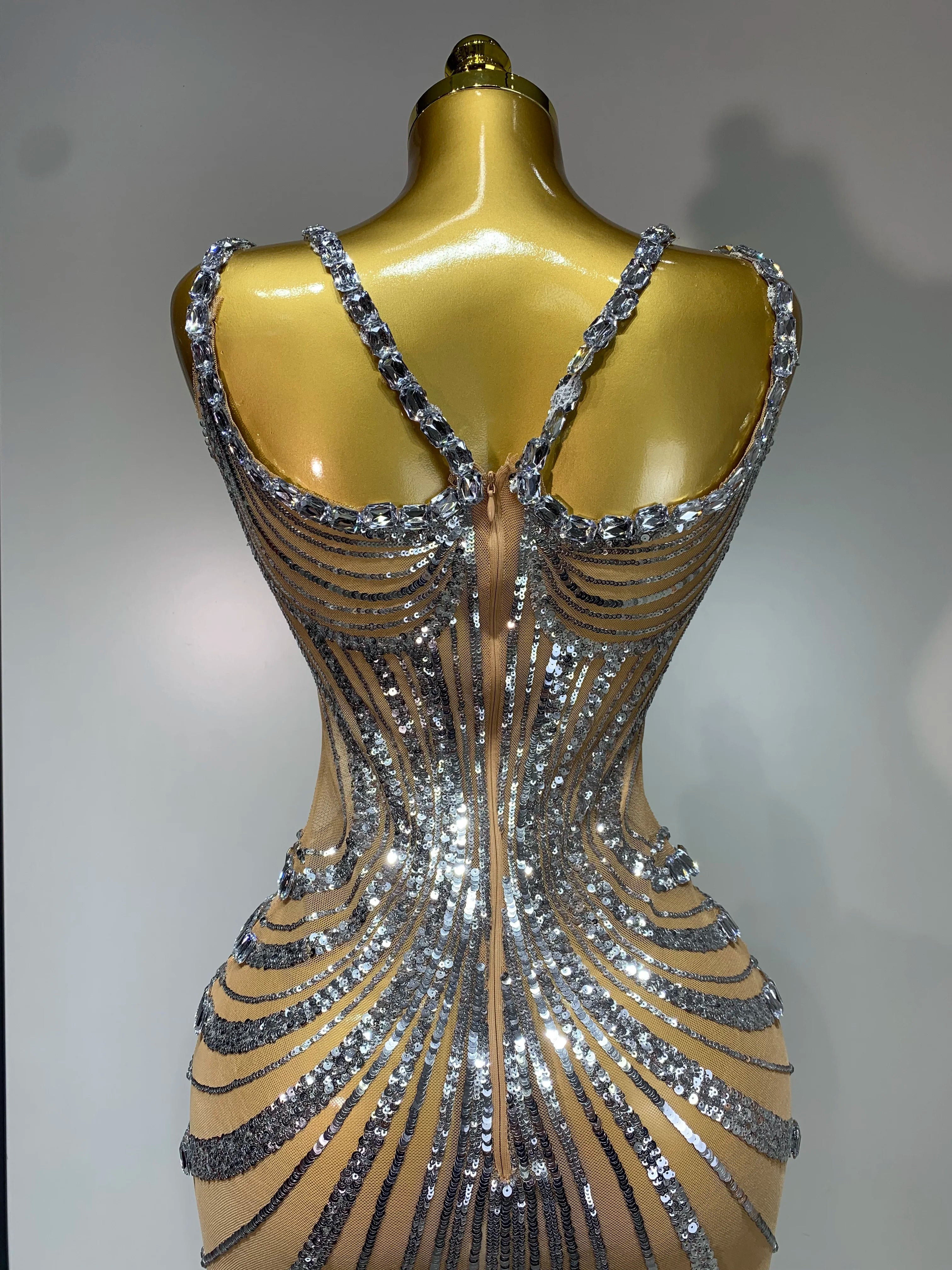 Sexy Silver Rhinestone White Mesh See Through Long Dress Women Luxury Birthday Party Prom Gown Singer Nightclub Stage Outfit