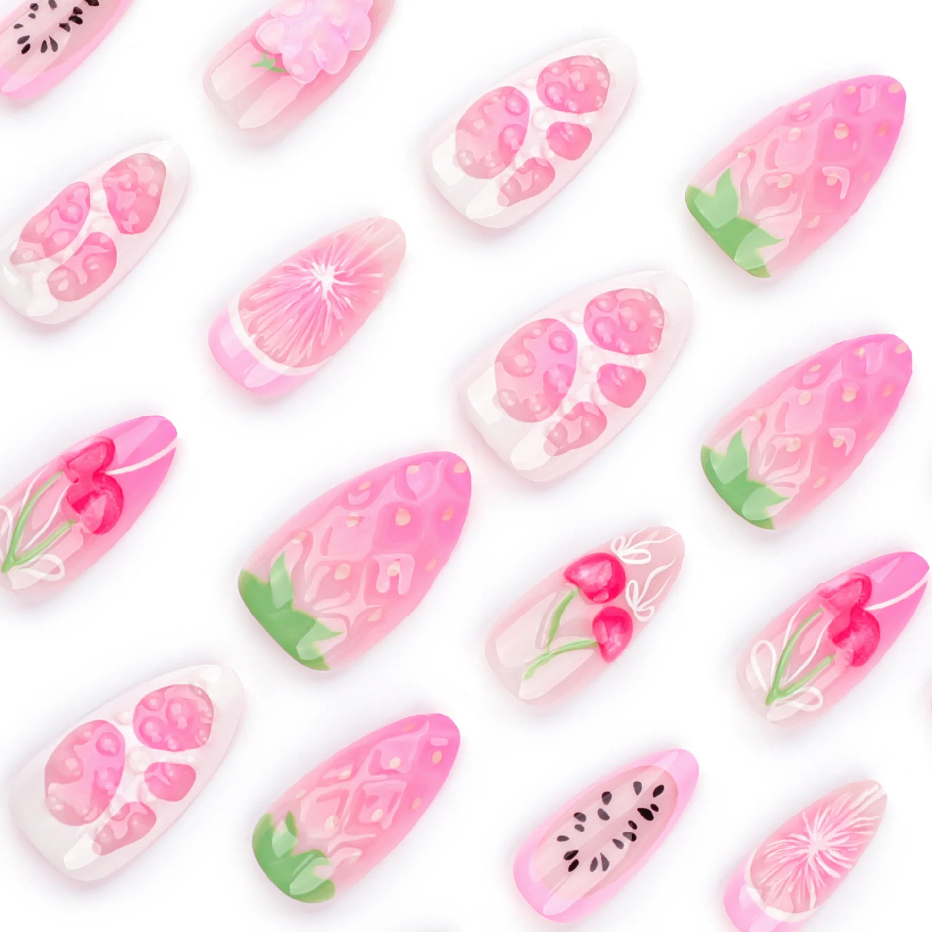 24pcs Fresh Fruit Style Press On Nails Sweet Pink Strawberry Cherry Grape Orange Decors False Nails Ins Korean Almond Fake Nail