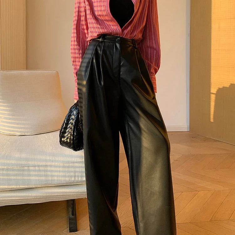 Spring Autumn Loose Casual Soft Black Burgundy Pu Leather Wide Leg Pants for Women High Waist Korean Style Fashion 2023