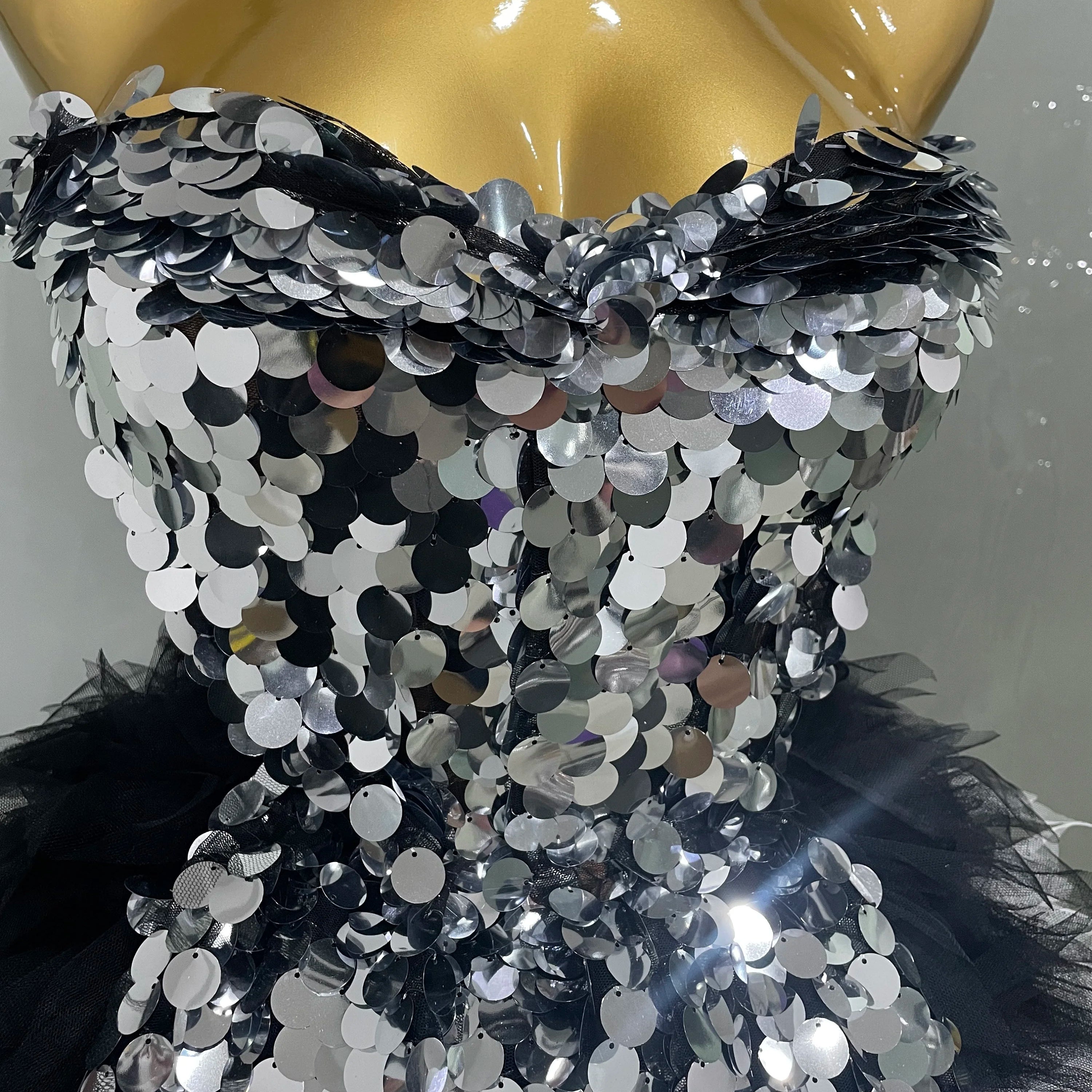 2025 New Stage Costume Women's Sparkly Sequin Mesh A Line Top Skirt 2 Pieces Set Nightclub Party Birthday Dress Photo Shoot Wear