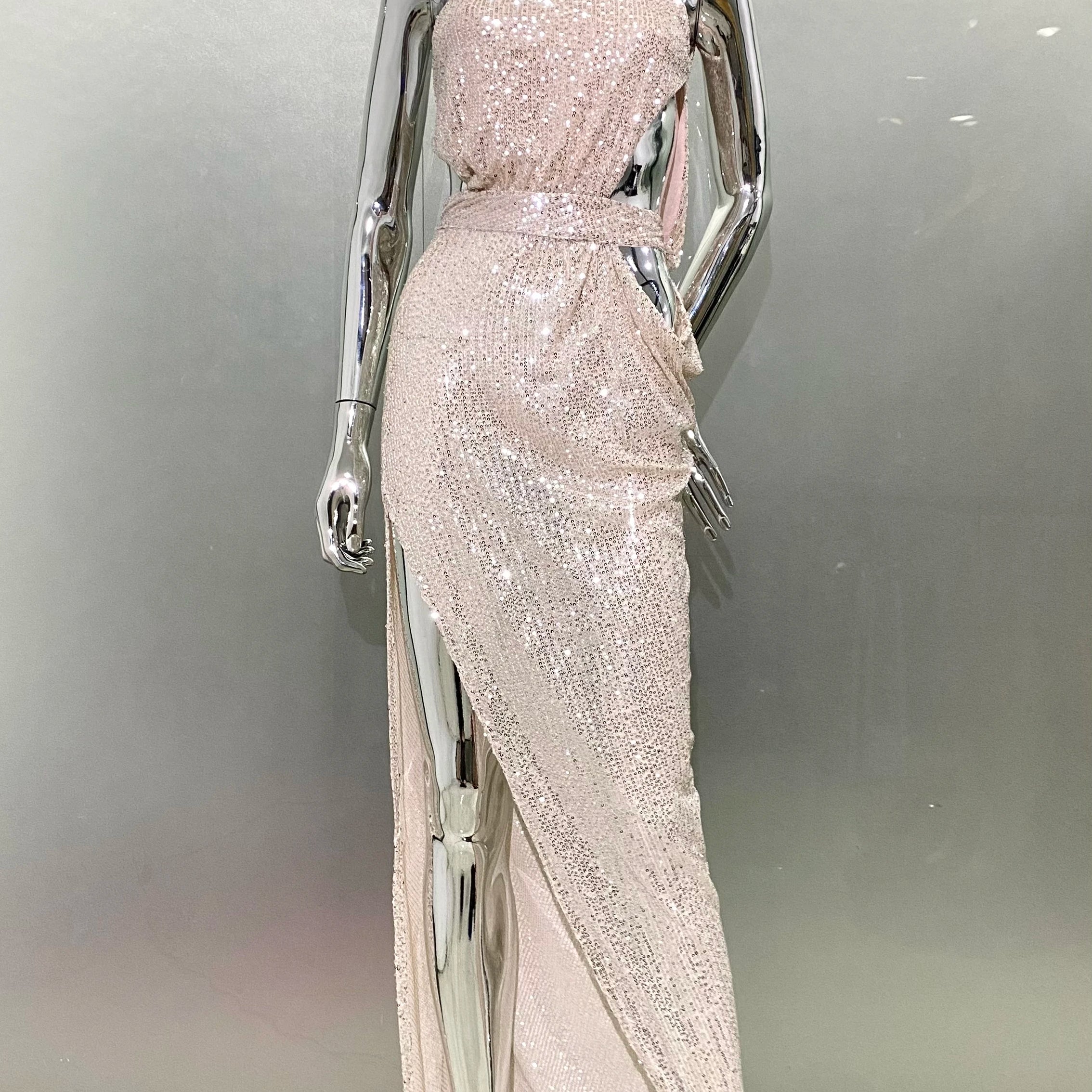 2024 Summer Sexy Hollow Out One Shoulder Champagne Sequins Ankle Length Dress Woman Evening Party Dress Beach Vocation Outfit Champagne