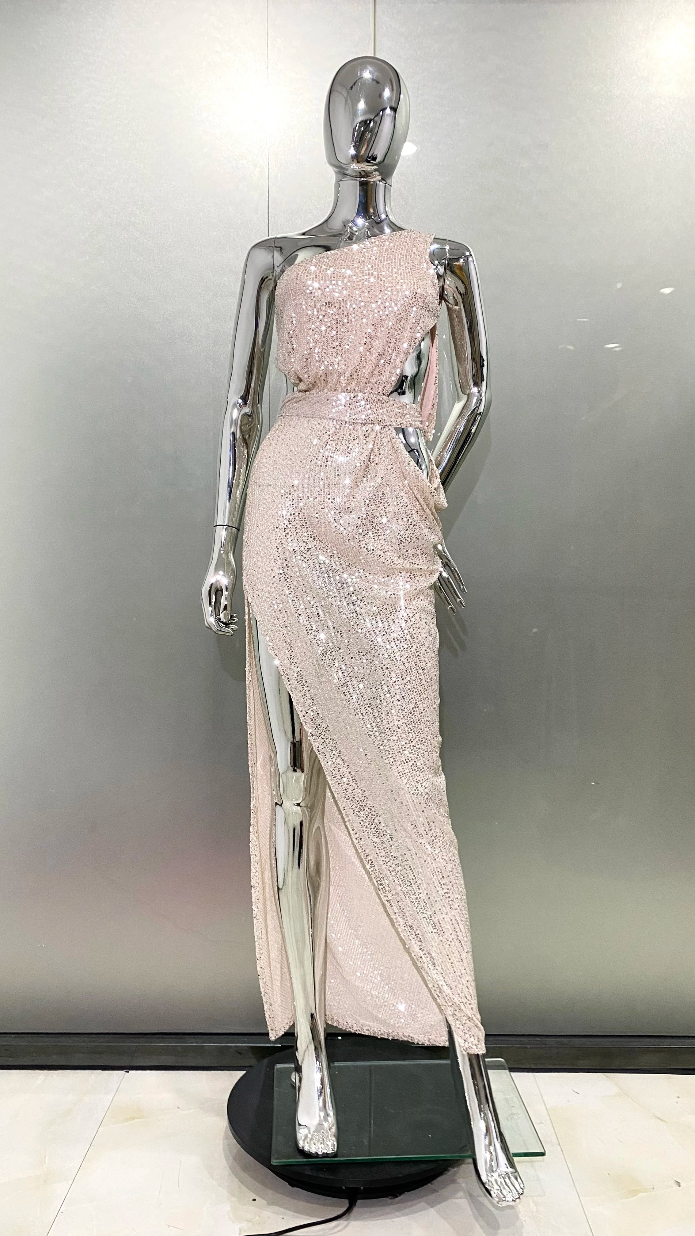 2024 Summer Sexy Hollow Out One Shoulder Champagne Sequins Ankle Length Dress Woman Evening Party Dress Beach Vocation Outfit Champagne