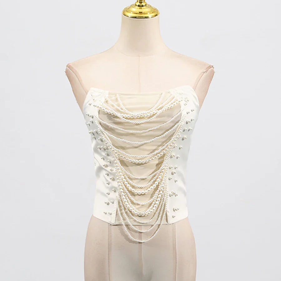 Solid Slimming Spliced Chain Tanks for Women Strapless Sleeveless Patchwork Bead Tank Female Fashion Clothing New APRICOT