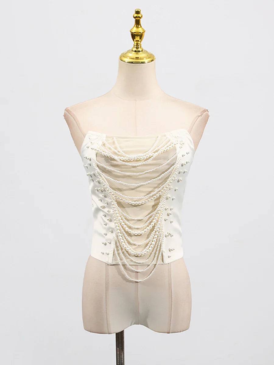 Solid Slimming Spliced Chain Tanks for Women Strapless Sleeveless Patchwork Bead Tank Female Fashion Clothing New APRICOT