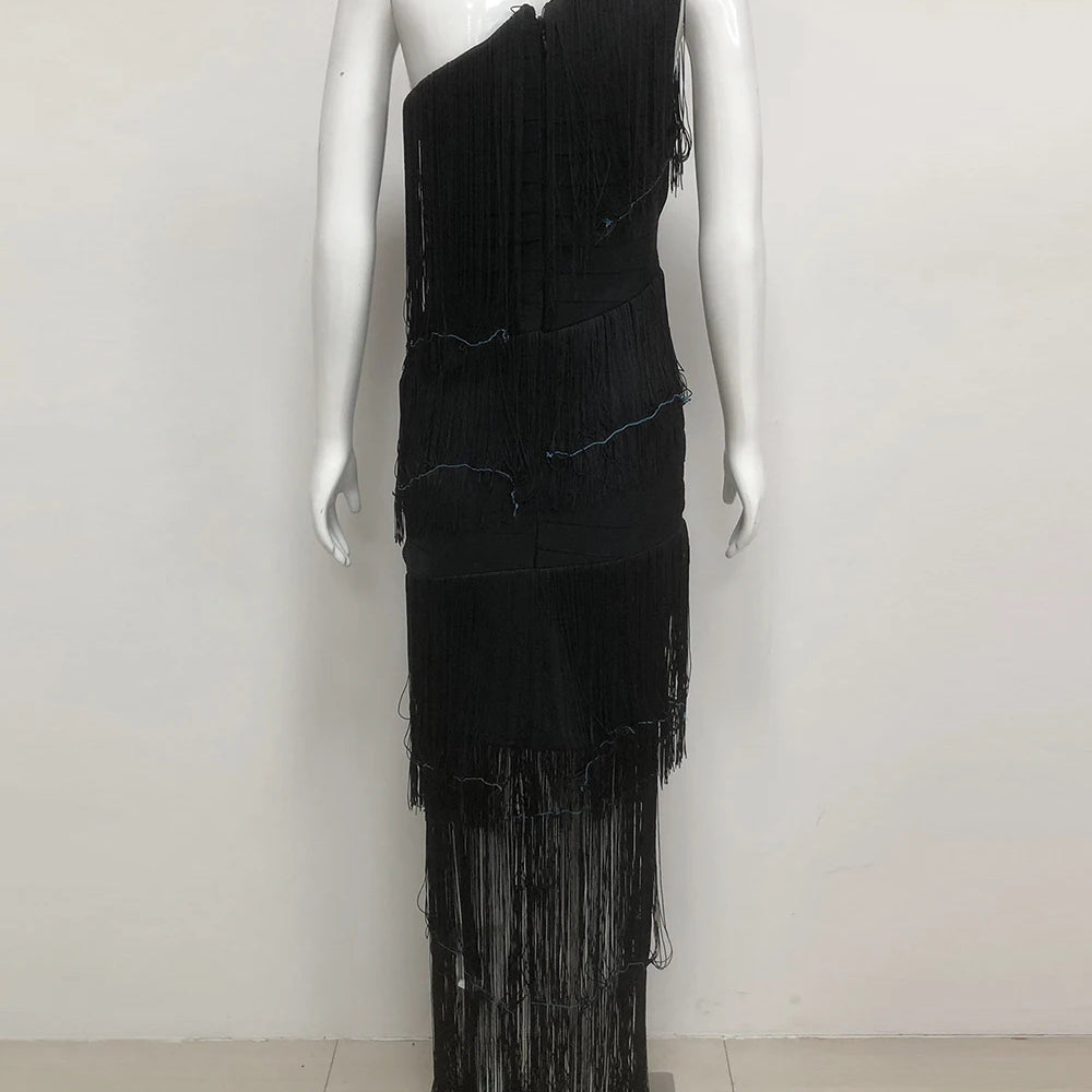 Women's One Shoulder Diagonal Collar Fringe Bandage Long Dress 2025 Summer Tassel Vacation Birthday Evening Night Club Vestidos