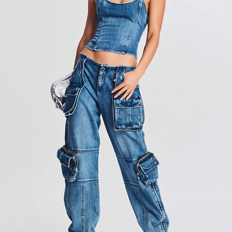 Denim Vintage Two Piece Sets For Women Strapless Sleeveless Tops High Waist Spliced Pockets Pant Casual Set Female