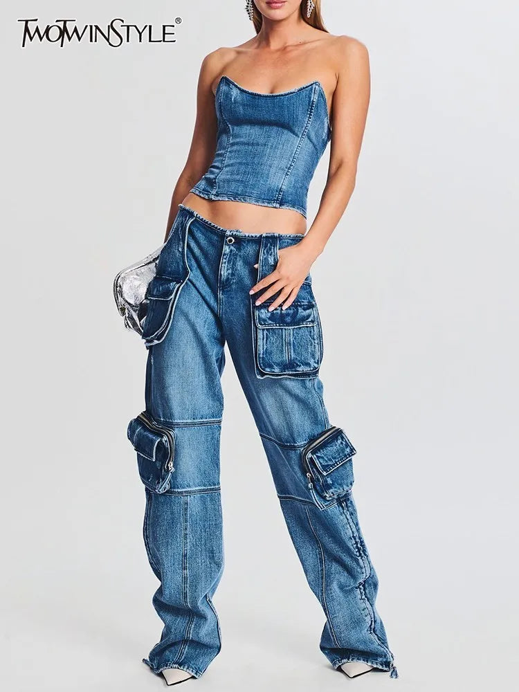 Denim Vintage Two Piece Sets For Women Strapless Sleeveless Tops High Waist Spliced Pockets Pant Casual Set Female