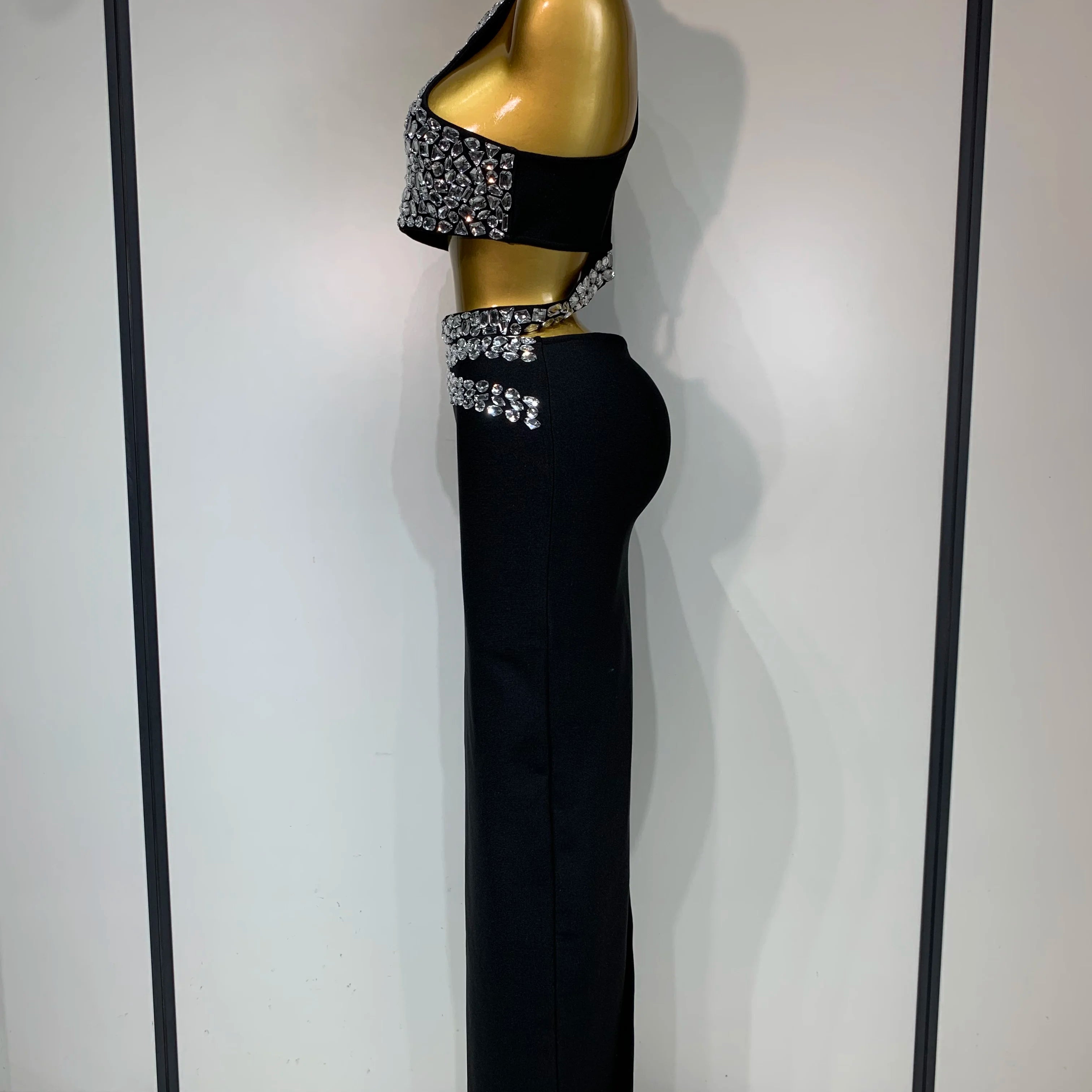 Sparkly Crystal Bodycon Long Bandage Dress 2025 Women Sexy Top Two Pieces Set Nightclub Elegant Party Birthday Stage Costume