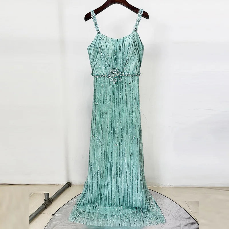 Slimming Spliced Sequins Luxurious Dresses for Women Square Neck Sleeveless Patchwork Bead Elegant Dress Female New LIGHTGREEN
