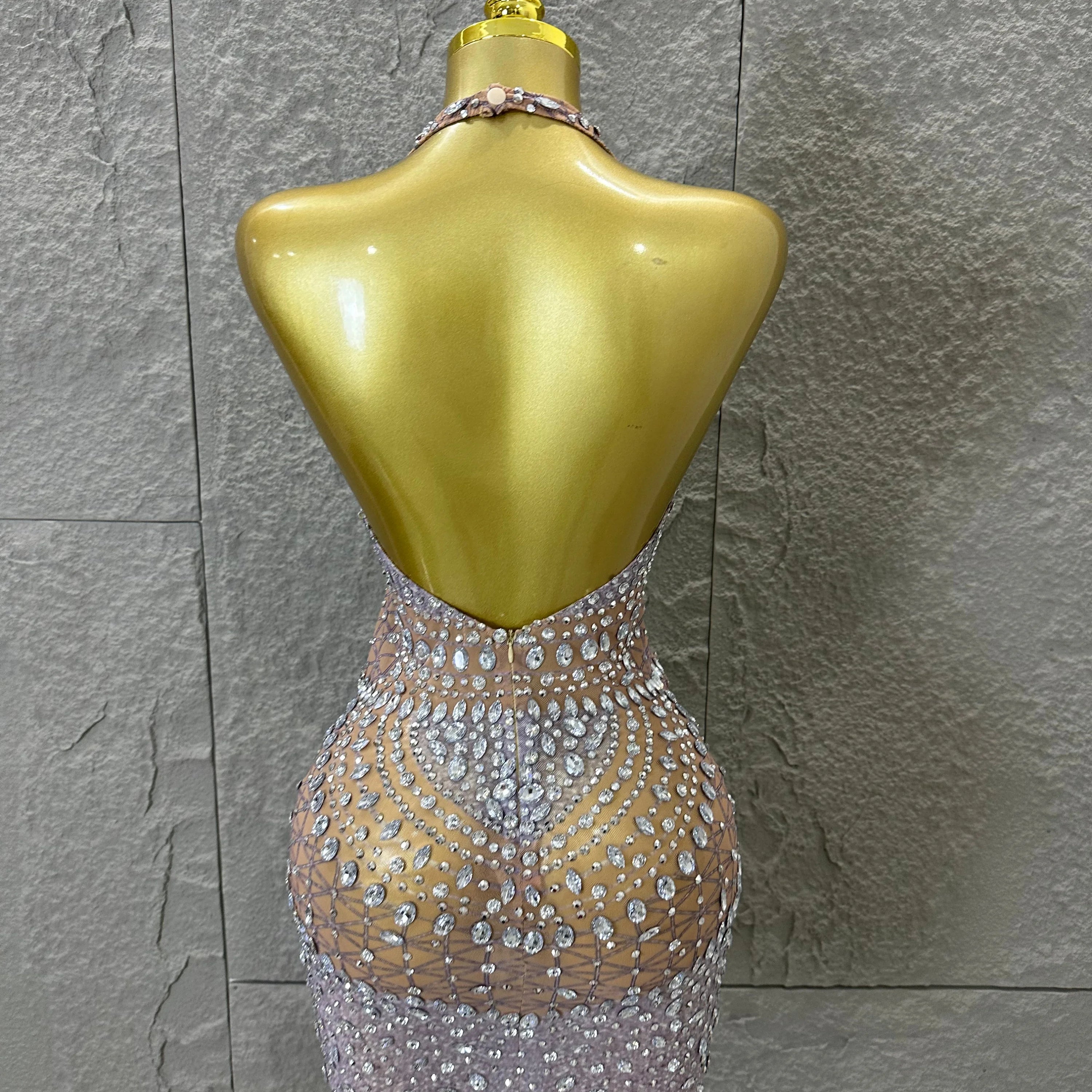 Women Evening Birthday Party Dancer Sexy Nightclub Luxurious Sparkly Crystal Diamonds Print See Through Stretch Mesh Dress