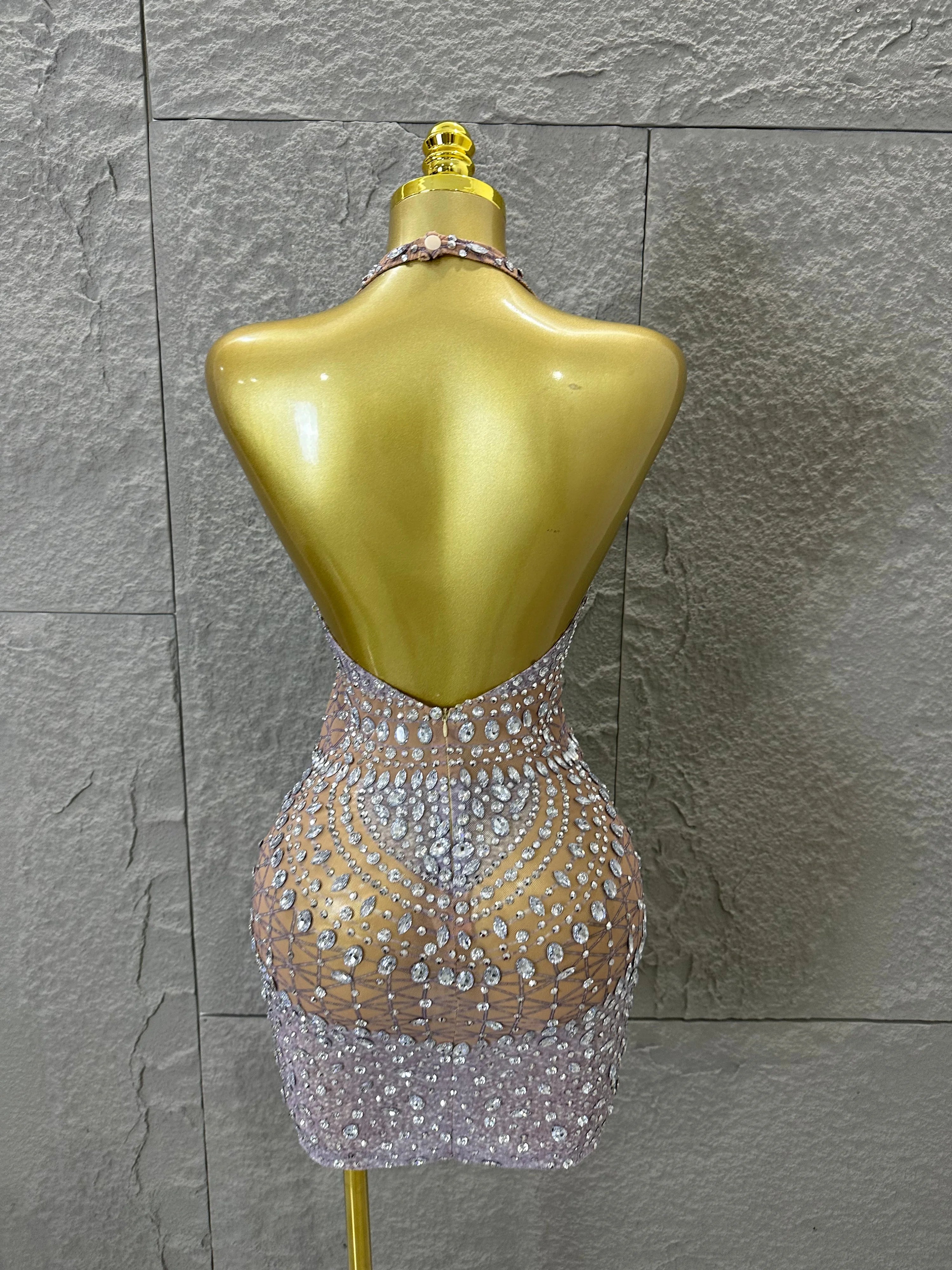 Women Evening Birthday Party Dancer Sexy Nightclub Luxurious Sparkly Crystal Diamonds Print See Through Stretch Mesh Dress
