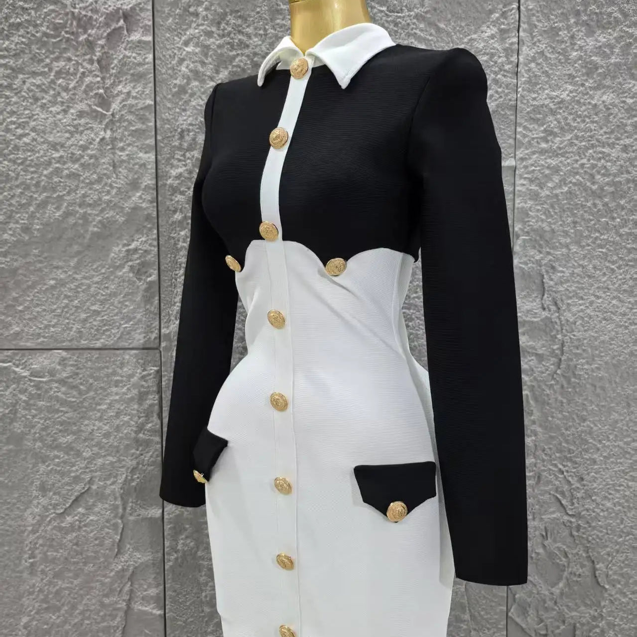 Women Long Sleeve Sexy Pacthwork Button Bodycon Mini Bandage Dress Elegant Evening Party Red Carpet Fashion Cocktail Outfit