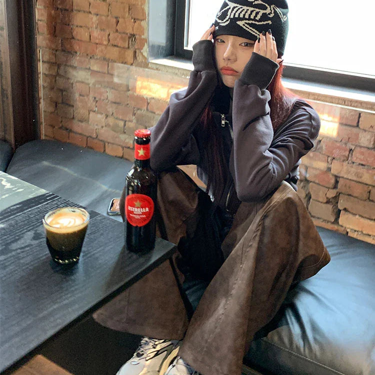 Spring Long Loose Casual Soft Distressed Brown Pu Leather Wide Leg Pants for Women High Waist Korean Style Fashion 2024