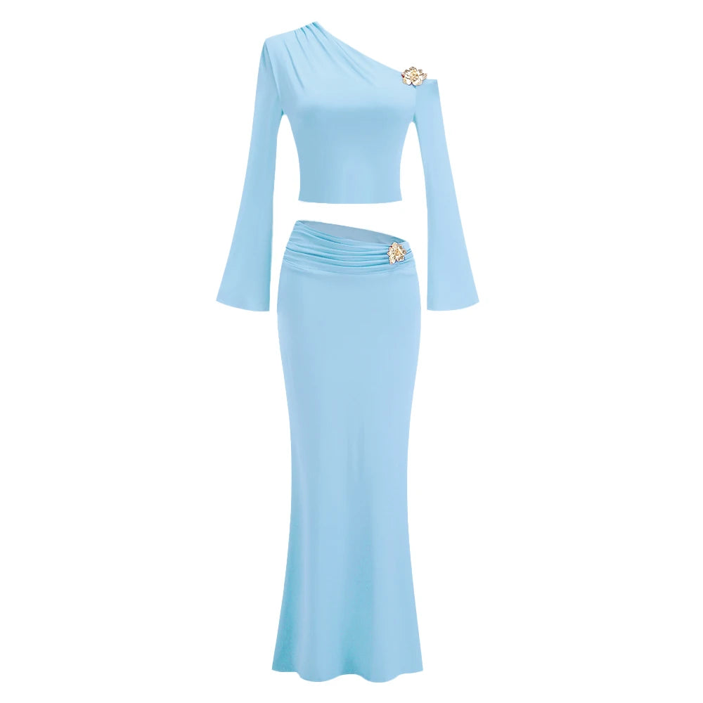 Chic One-Shoulder Crop Top and Maxi Skirt Ensemble with Floral Accents for a Special Occasion Evening Gown Blue