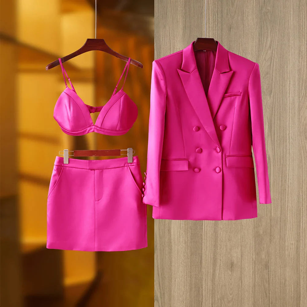 Smooth Satin Fabric Fusicha 3PCS Blazer Suit Fashion Elegant Street Mini Skirt Women Clothing Fuchsia