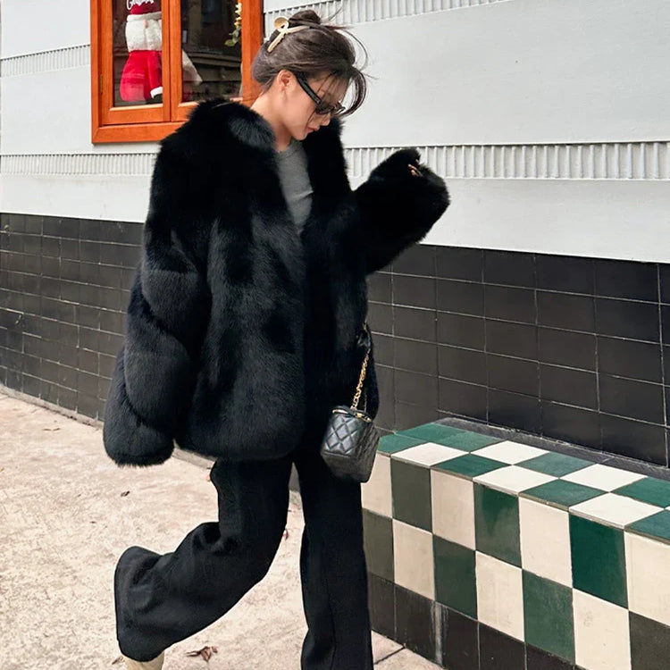 Autumn Winter Black Thick Warm Soft Hairy Shaggy Faux Fox Fur Coat Women Stand Collar Luxury Designer Fluffy Jacket 2024