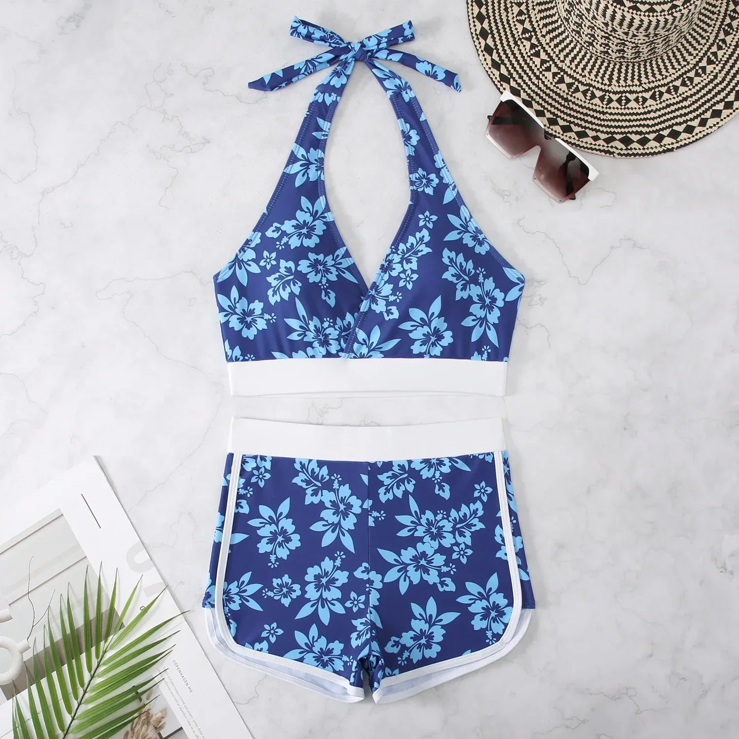 Flower Print 2 Piece Swimsuit Women,sexy High Waist V-neck Tankini Bikini, Suspender Halter Swimwear,summer Beach Vacation Blue