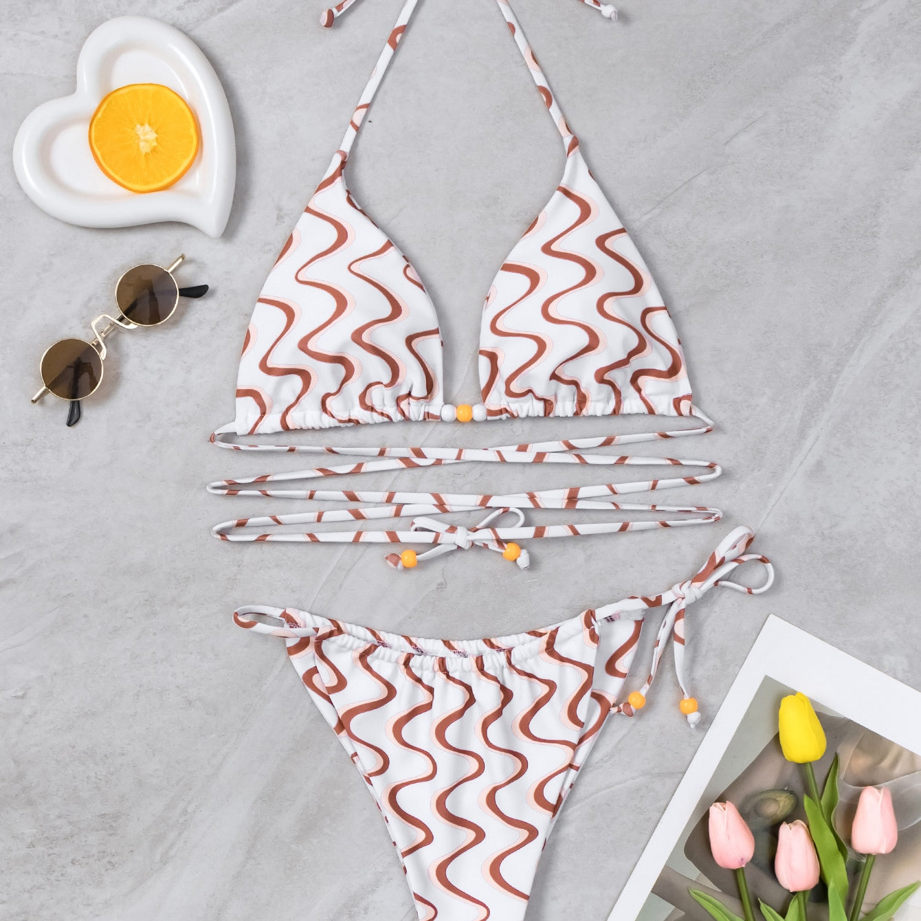 Wave Printed Long Rope Bikini INS Wind Wave Printed Swimsuit With Round Bead Link Strap Two-piece Swimsuit Biquine Brasileiro