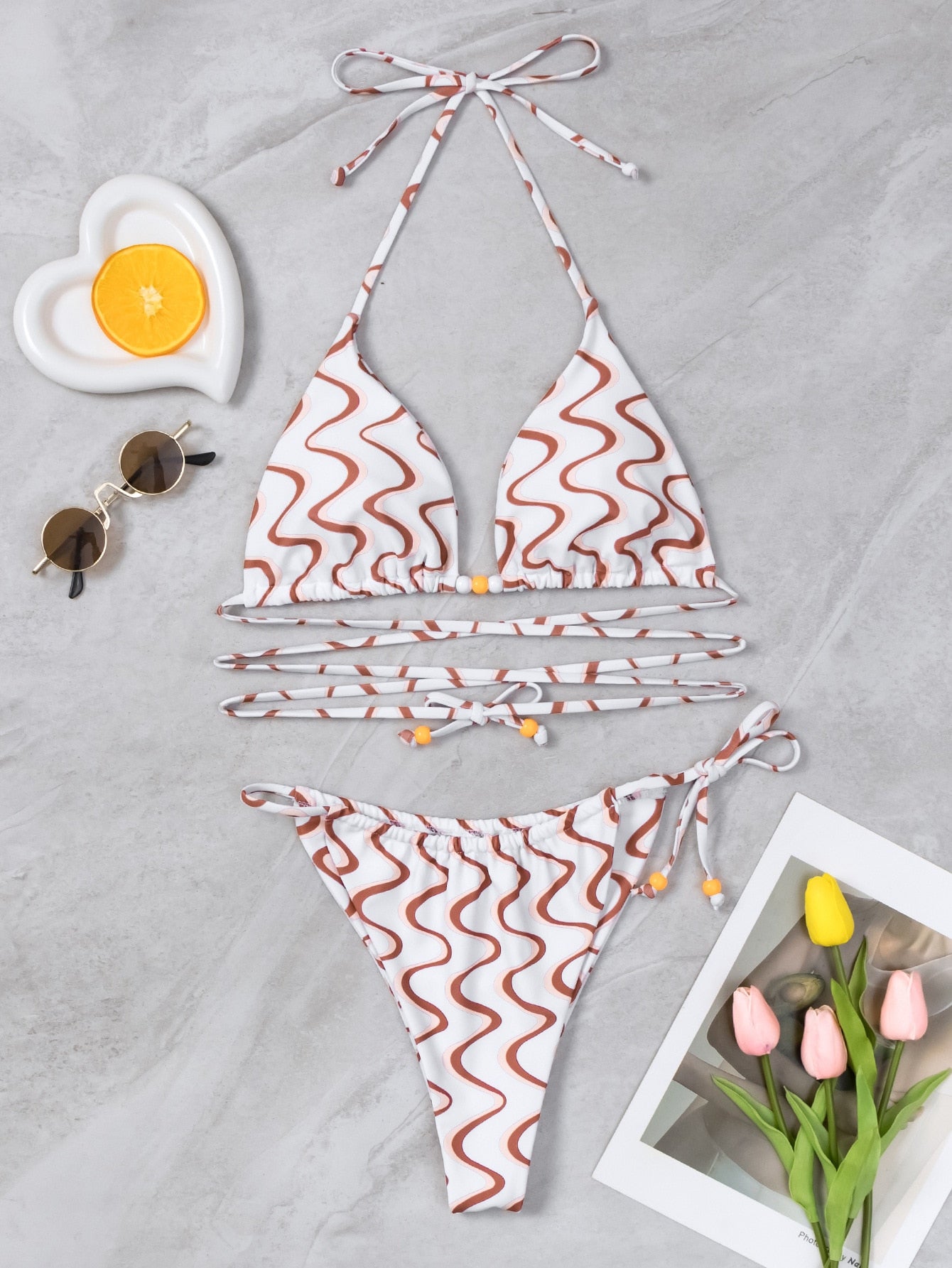 Wave Printed Long Rope Bikini INS Wind Wave Printed Swimsuit With Round Bead Link Strap Two-piece Swimsuit Biquine Brasileiro