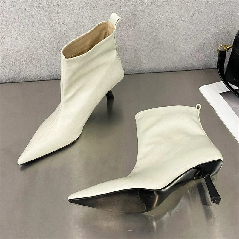 Eilyken New Fashion Pointed Toe Ankle Boots Women Wedding Party Shoes Winter Autumn Slim Short Ladies Booties Apricot