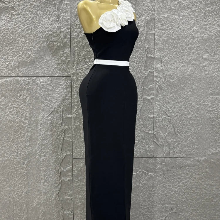 Women Sexy One Shoulder White Florals Bodycon Long Bandage Dress Celebrate Nightclub Party Fashion Outfit