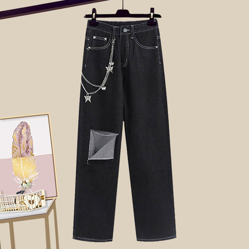 Women Spring Summer Fashion Suit Letter White Shirts Chain Vest Denim Wide Leg Pants 3 Piece Set Lady Casual Streetwear Outfits