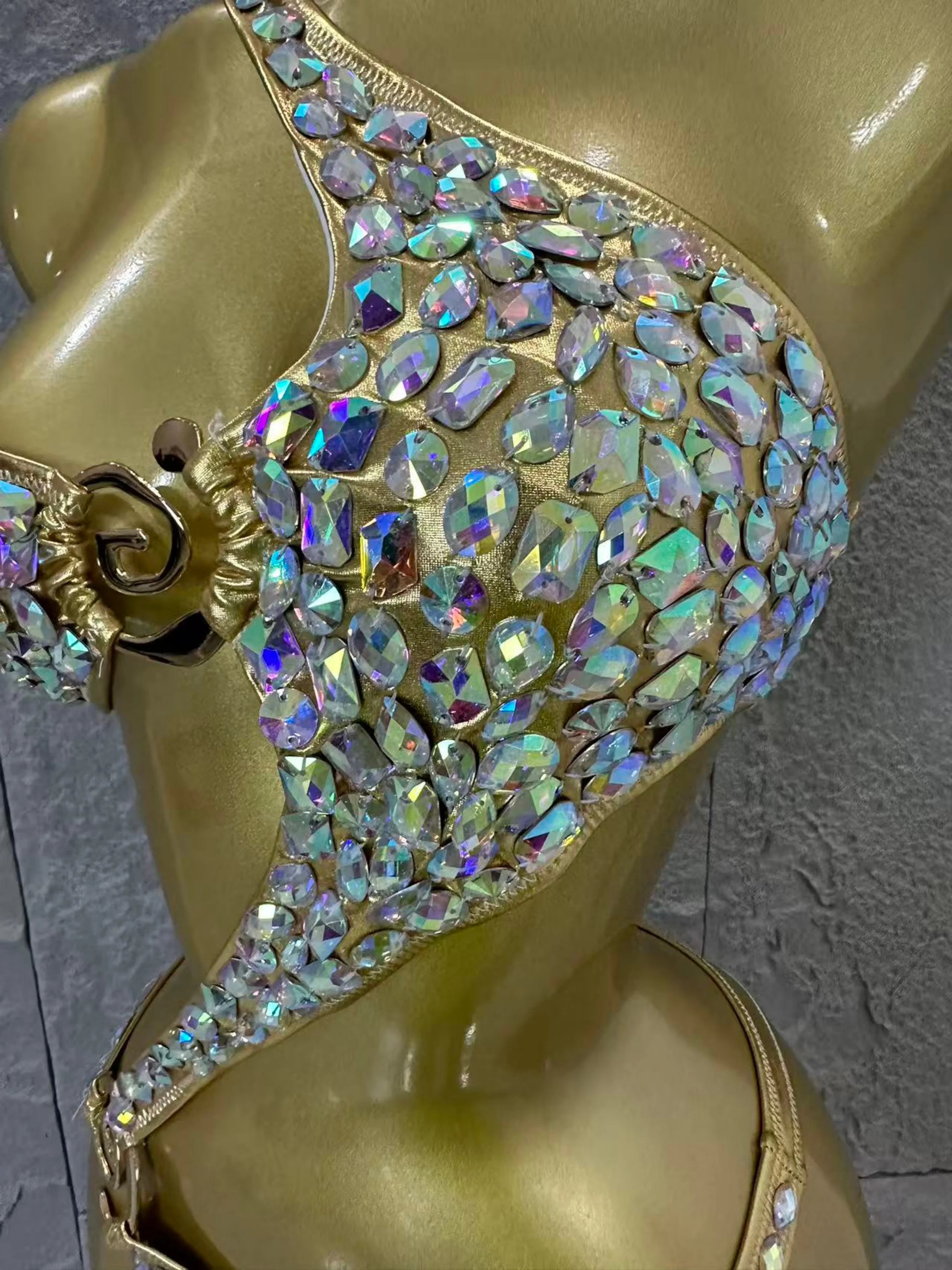 Women Sexy Halter Neck Iridescent Crystal Embellished Cutout Outfit Stage Performance Costume 2026 Luxurious Black Bodysuit