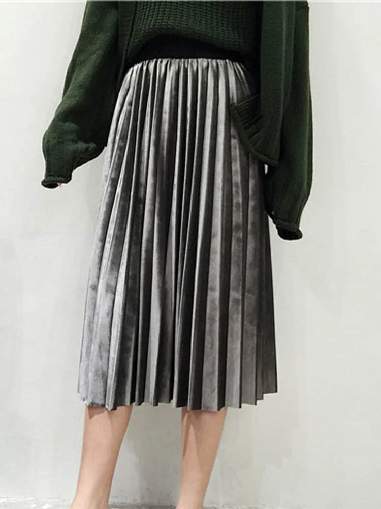 Spring Women Long Metallic Silver Maxi Pleated Skirt Midi Skirt High Waist Elascity Casual Party Skirt GRAY One Size