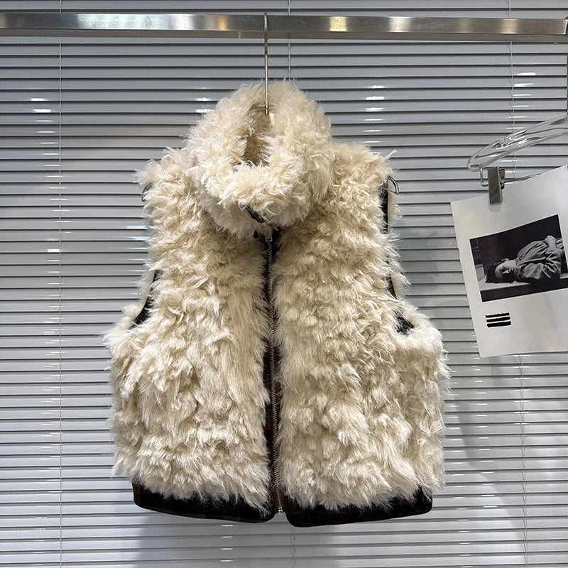 Winter New Fashion Faux Lamb Wool Plaid Reversible Vest For Women Versatile Zipper Waistcoat Female Trendy 11A07854 Creamy-white One Size