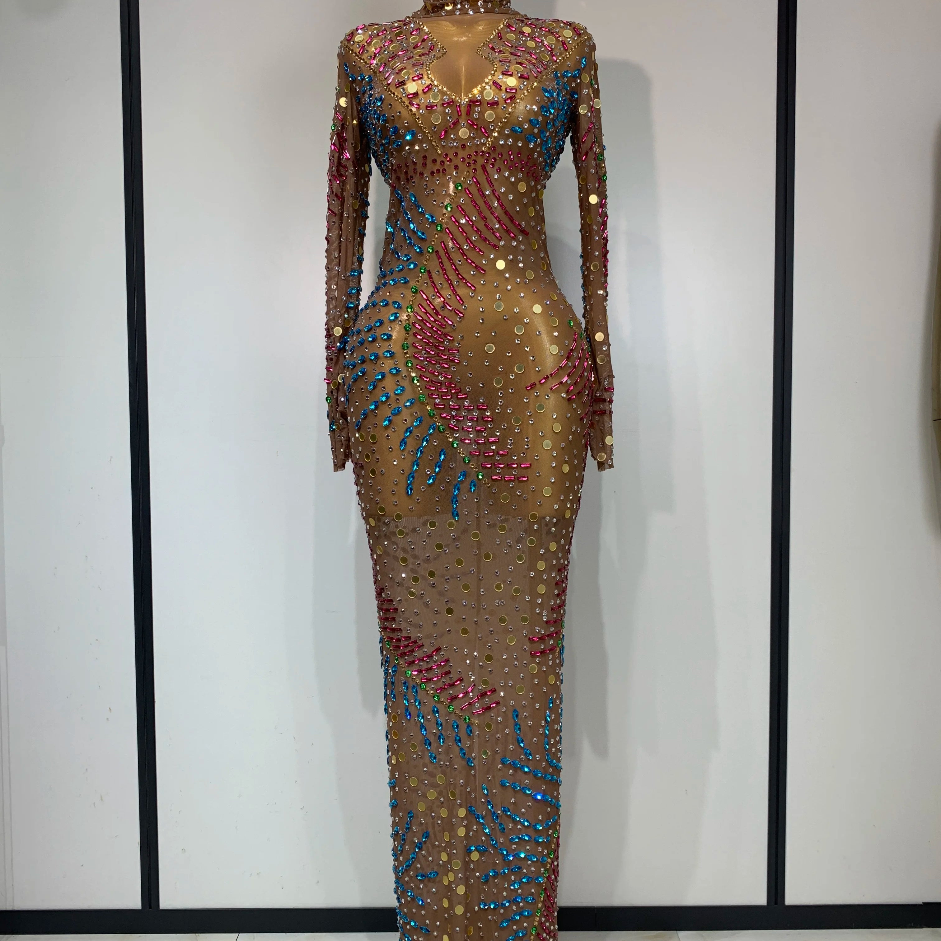 Women Sparkly Rhinestone See Through Elastic Mesh Women Long Dress Evening Prom Birthday Party Wear Club Performance Costume Dark Brown