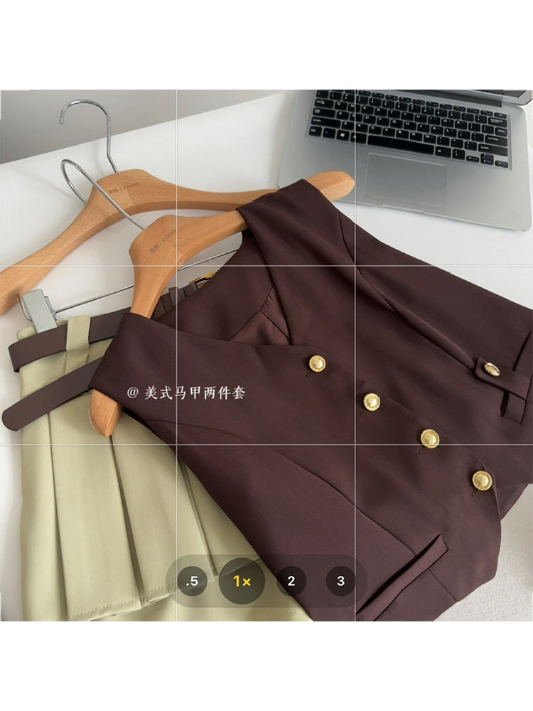 Women Two Piece Set Suit Off Shoulder Crop Top T-Shirt and A-Line Pleated Mini Skirt Shorts Y2k Vintage Fashion Harajuku Summer Coffee Vest