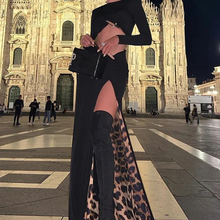 Women Celebrity Sexy Long Sleeve Leopard Black Maxi Long Skirt Bandage Set Elegant Evening Club Party Outfits black