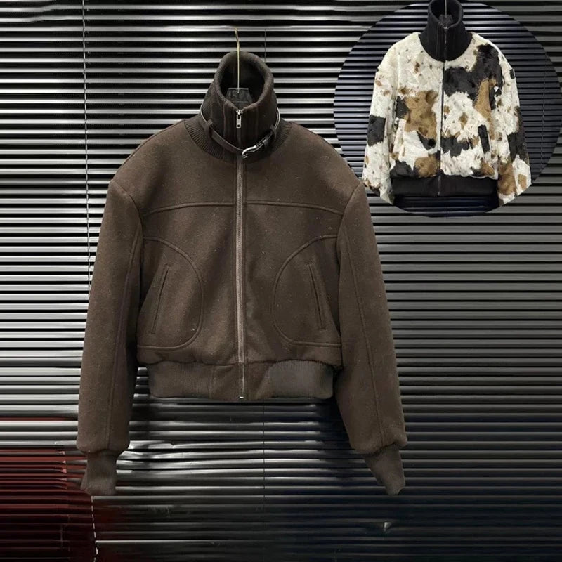 Autumn Winter New Fashion Plush Reversible Warm Print Stand Collar Short Jacket For Women High Street Coat 11A07888 Brown