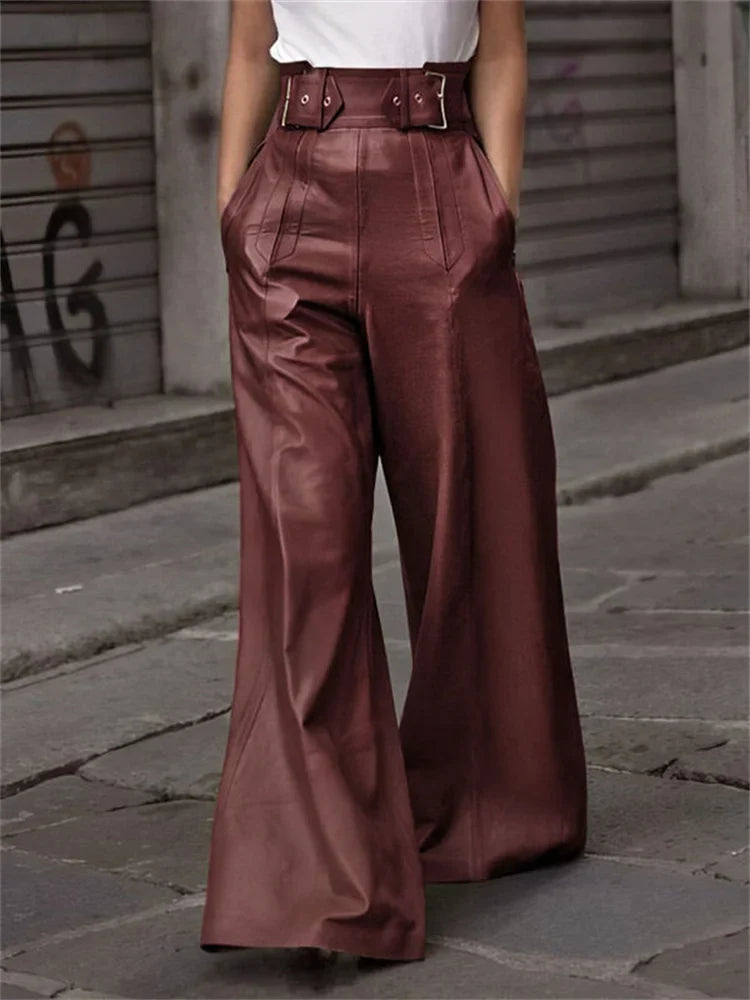 Modigirl Autumn Winter Women's Faux Pu Long Pants High Waisted Loose Pleated Pockets Streetwear Female Wide Leg Trousers Brick Red