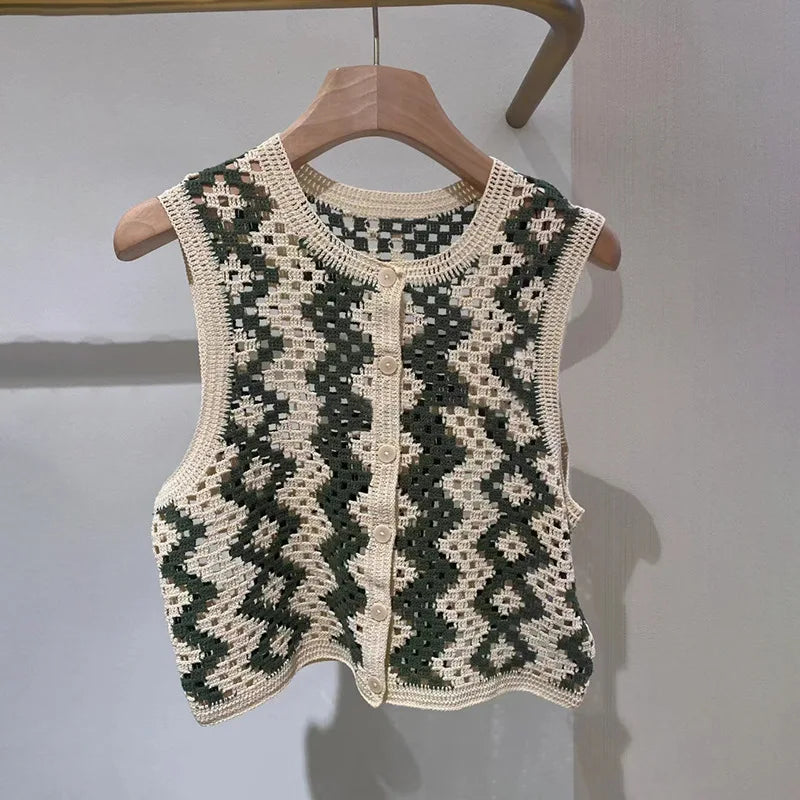 Women Hollow Handmade Crochet Plaid Suit Summer New Casual O-neck Single Breasted Tops or Straight Pants Tops