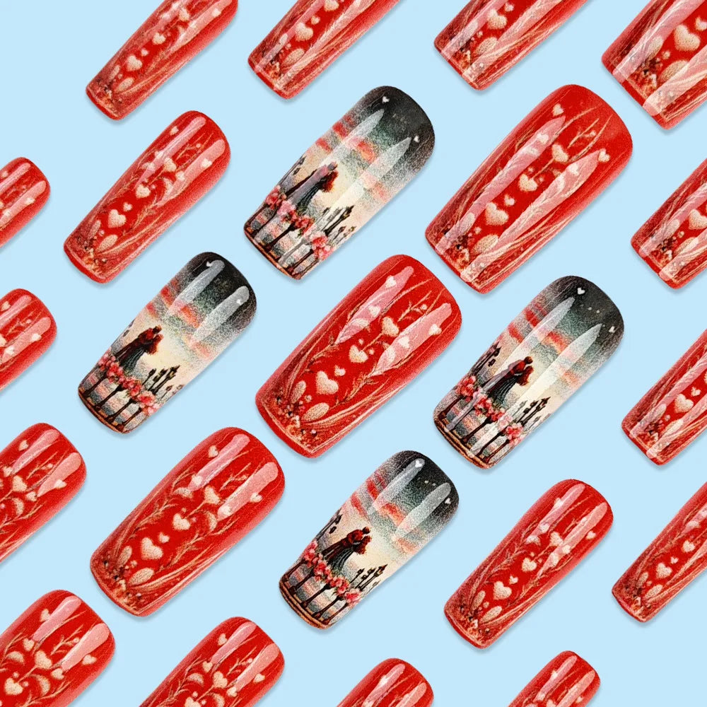 24pcs Romantic Valentine's Day Press on Nails Pink Love Couple False Nails Wearable Spicy Girl Square Head Fake Nails for Women