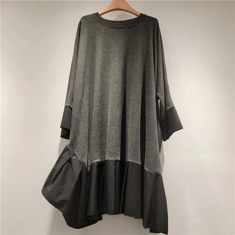Autumn New Fashion Patchwork Contrast Color Dresses For Women Loose Elegant Mid-Length Dress Female Trendy 11A07718 Gray One Size