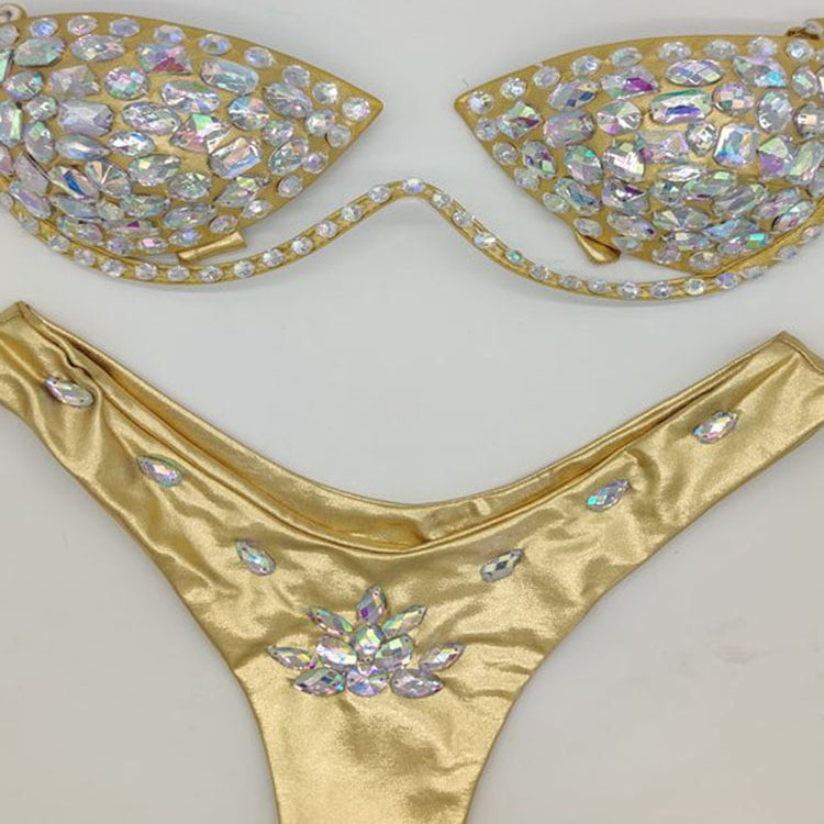 Women's Swimwear Bikini Swimsuit 2024 For Women Summer Beach Shiny Crystal Padded Push Up Bikinis Thong Bathing Sets Outfits Gold
